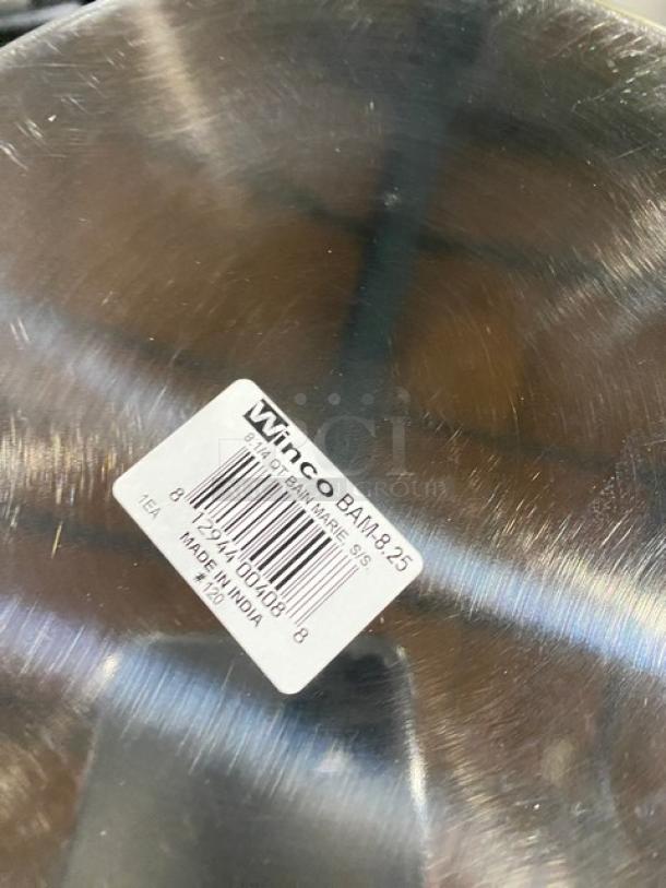 Winco BAM-8.25 stainless steel bain marie pot, new condition, barcode label visible, made in India.