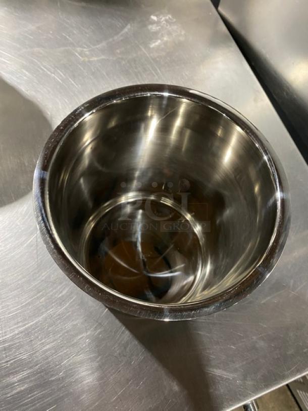 Winco Stainless Steel 4.25 Quart Bain Marie, Model BAM-4.25, new condition, reflective interior surface visible.
