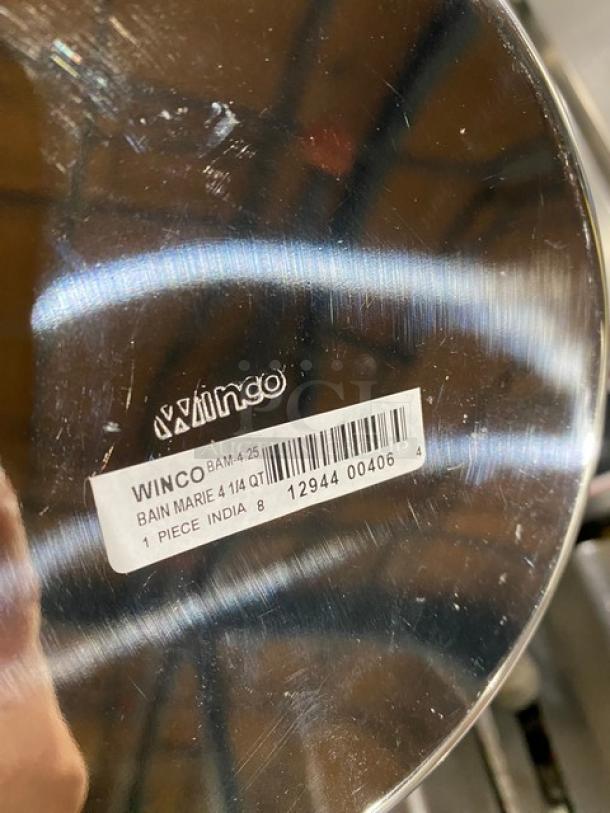 Winco Stainless Steel 4.25 Quart Bain Marie, Model BAM-4.25, new condition. Label shows capacity and origin.