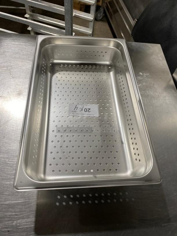 NEW Browne 22114 stainless steel perforated hotel pan, commercial grade, pristine condition, label visible.