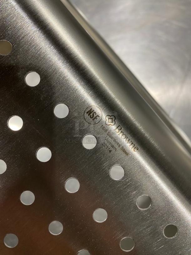 NEW Browne stainless steel perforated hotel pan, Model 22114, NSF certified, durable construction, ideal for steam tables.