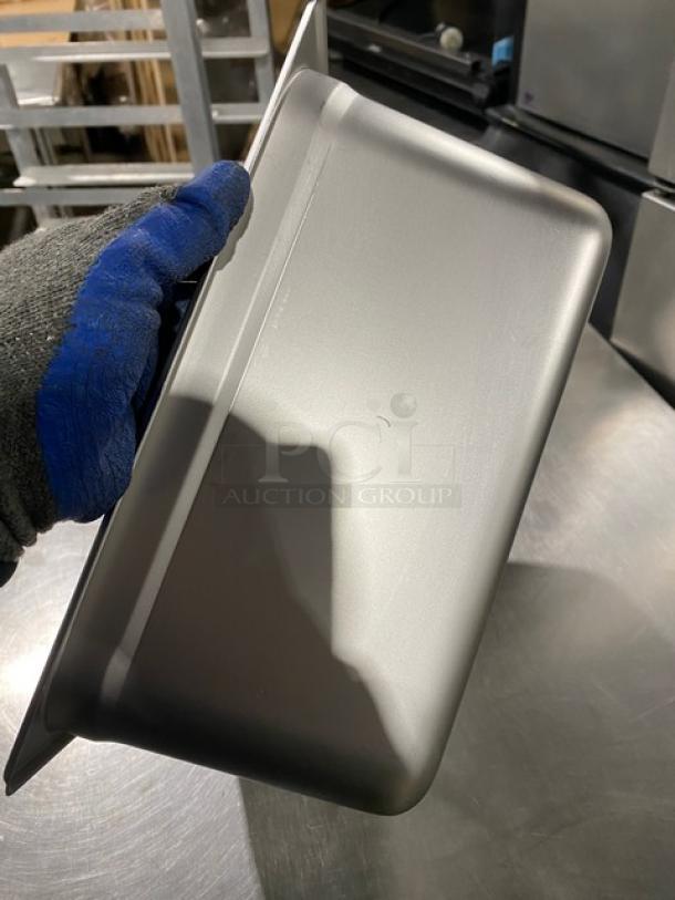NEW Choice 2/3-size 6" deep stainless steel hotel pan, Model 4070162, minor scratches, reflective surface, commercial grade.