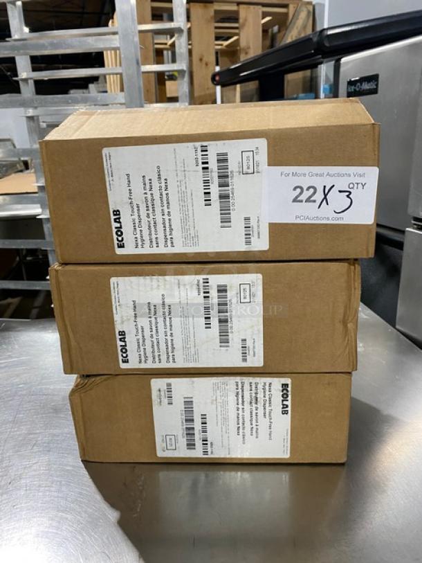 NEW Ecolab Nexa Series black touch-free hand hygiene dispensers in boxes. Includes 3 units per bid.