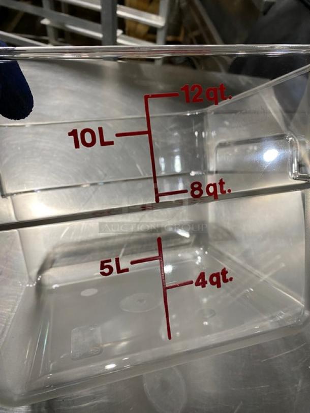 NEW Cambro CamSquare 12 Quart Clear Food Storage Container, shown with red measurement markings, commercial-grade.