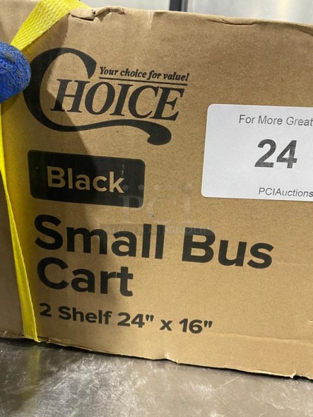 Choice Commercial Black Small Bus Cart, new in box, 2 shelves, 24"x16", on casters. Brand label and item details visible.