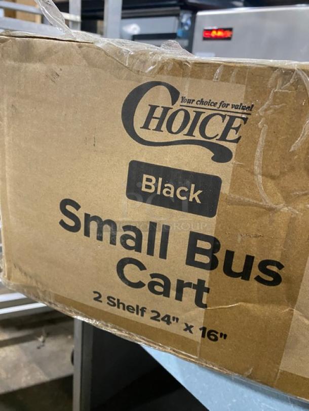 Choice Commercial Black 2 Shelf Bus Cart, 24"x16", new in box. Features include casters for mobility and durable construction.
