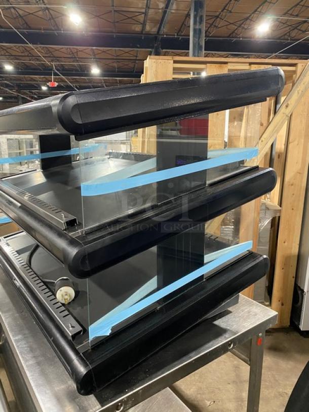 Hatco GR2SDS-360 commercial electric 2-shelf slanted food warming merchandiser, black. Model: GR2SDS-360, SN: 6688920930. 120V 1 phase.