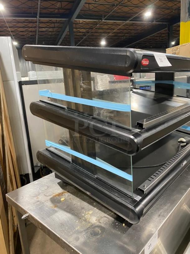 Hatco GR2SDS-360 electric 2-shelf food warming merchandiser, black, slanted design, 120V 1 phase, good condition.