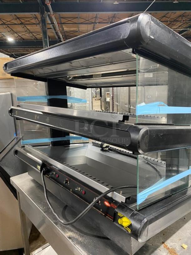 Hatco GR2SDS-360 electric food warming merchandiser, black, 2 slanted shelves, good condition, 120V 1 phase.