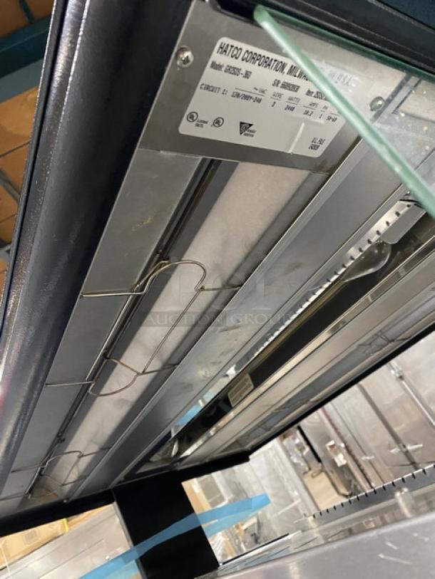 Hatco GR2SDS-360 commercial slanted food warming merchandiser, black, 2 shelves, 120V, electric, serial no. 6688920930.