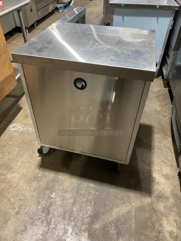 Servolift 503-1R refrigerated merchandiser, stainless steel, electric-powered, on casters; model number and serial number visible.