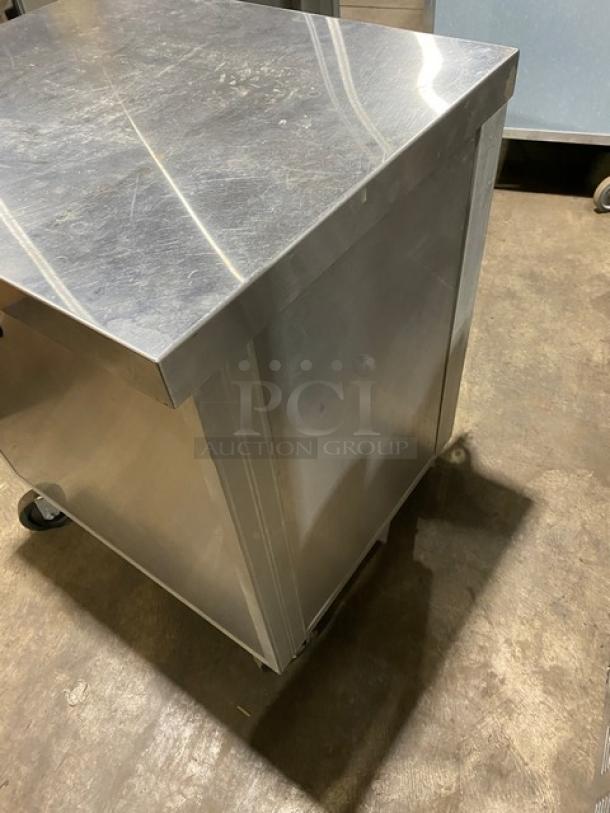 Servolift Model 503-1R stainless steel refrigerated cold well merchandiser on casters. Electric, 120V, 1 phase.