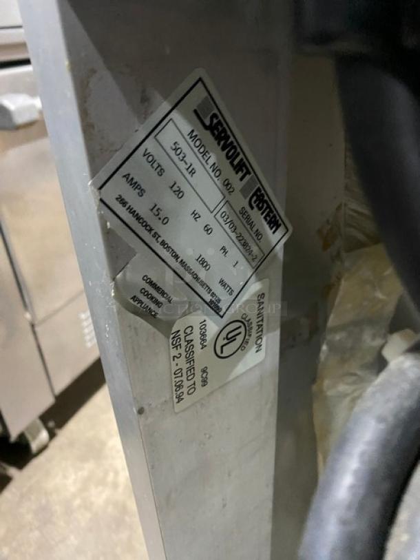 Servolift Stainless Steel Electric Cold Well Merchandiser, Model 503-1R, SN 03/03-223824-2, 120V, on casters.