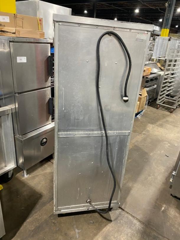 Cres-Cor 131-UA-11 stainless steel heated holding cabinet, full height, red door, with pan racks, on casters, 120V, 1 phase.