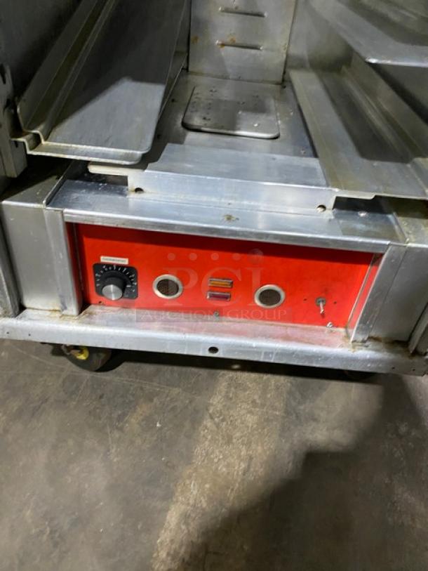 Cres-Cor stainless steel heated holding cabinet, Model 131-UA-11, red door, pan racks, on casters, 120V 1 phase.