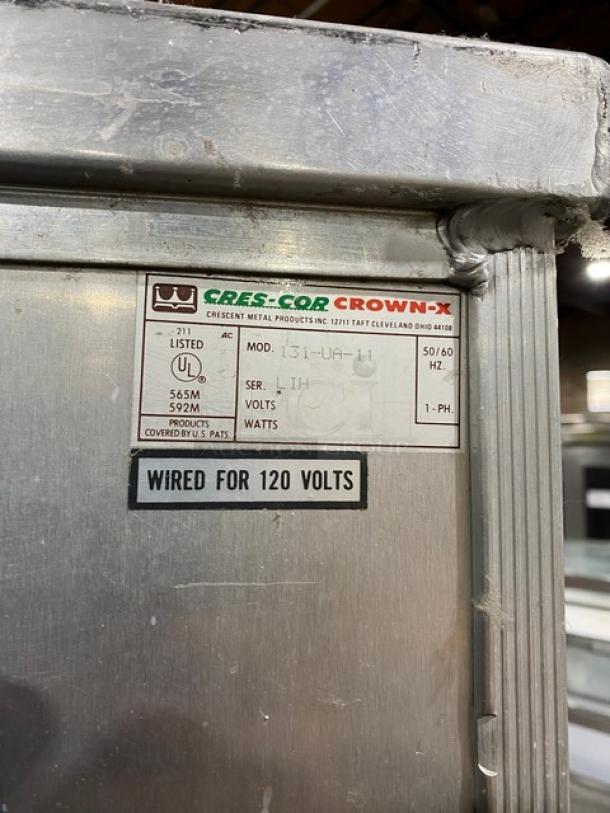 Cres-Cor heated holding cabinet, model 131-UA-11, stainless steel, full height red door, with pan racks, on casters, 120V.