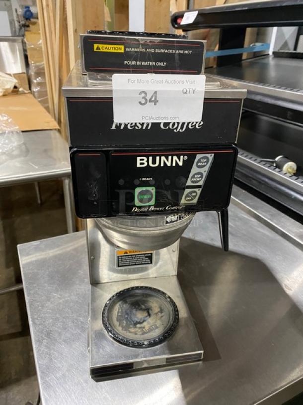Bunn Commercial Stainless Steel Coffee Brewer, Model CDBCP35, with 2 top warmers, 120/240V, used condition.