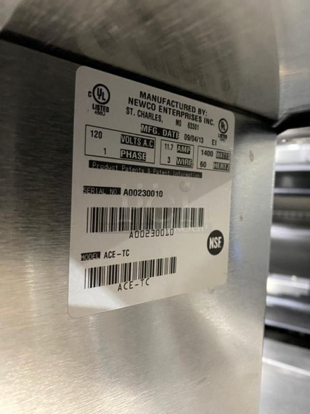 Newco ACE-TC coffee brewer with hot water dispenser, stainless steel, electric, 120V 1-phase, SN: A00230010, NSF certified.