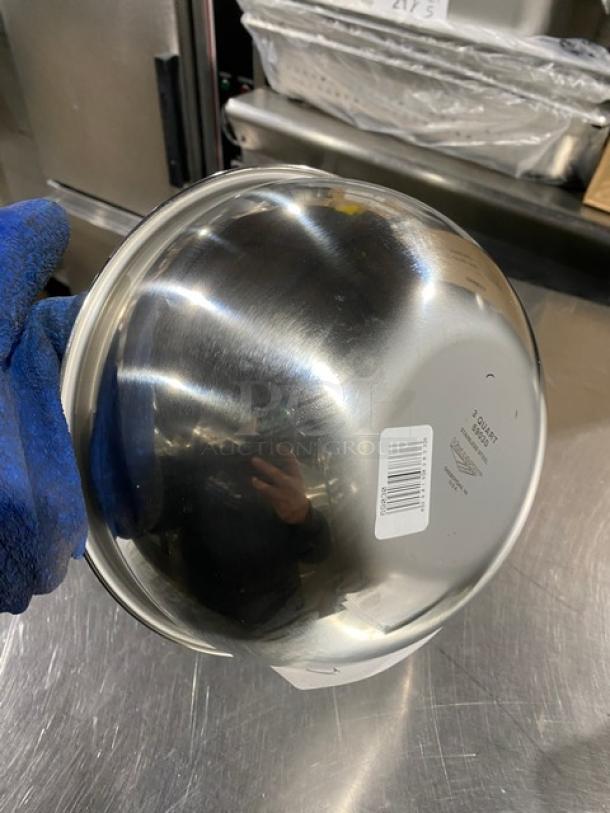 NEW Vollrath 3-quart stainless steel bowl, round, commercial grade, shiny finish, barcode and label visible.