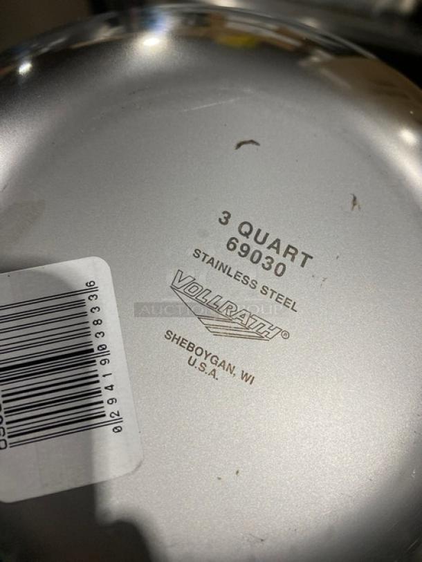 Vollrath 3-quart stainless steel bowl, model 69030, new condition, made in Sheboygan, WI, USA.