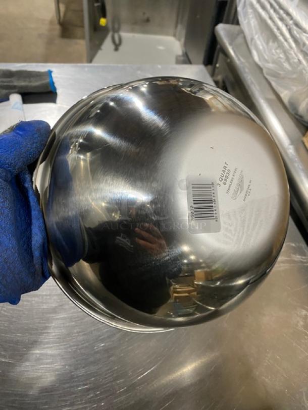 NEW Vollrath stainless steel 3-quart kitchen bowl. Features a polished finish and visible label with capacity details.