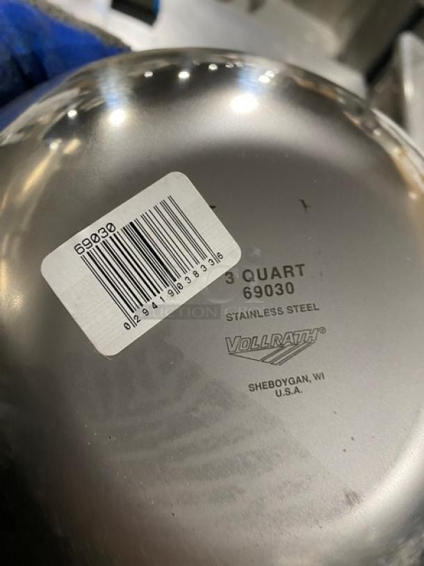Vollrath stainless steel 3-quart bowl, model 69030, new condition with barcode and branding, made in Sheboygan, WI, USA.