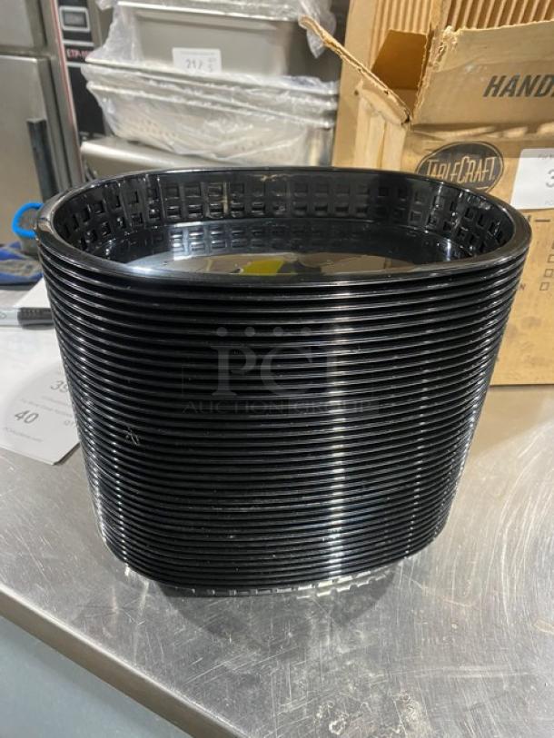 NEW TableCraft Commercial Black Plastic Fast Food Basket, Model 1076BK. Stack of baskets, durable and versatile.