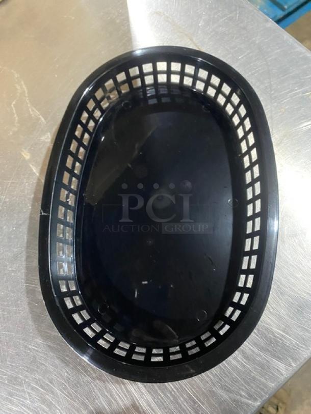 TableCraft 1076BK black plastic fast food basket, new condition, features open-grid sides, ideal for commercial use.