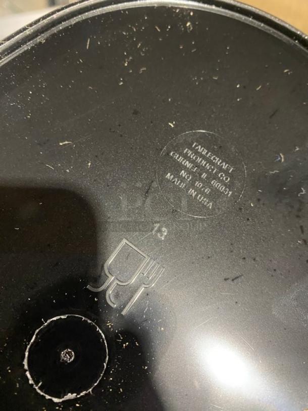 TableCraft Model 1076BK black plastic basket, new, made in USA. Markings indicate brand info and model number.