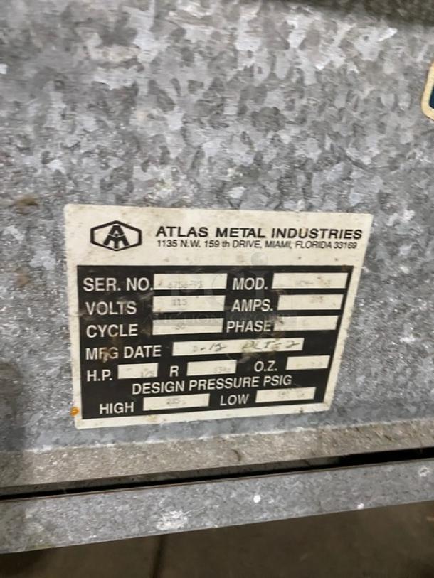 Atlas Metal commercial stainless steel electric single well cold food/salad bar, model SN 6756-95, 115V, on casters, with foldable tray slide and double tier sneeze guard.