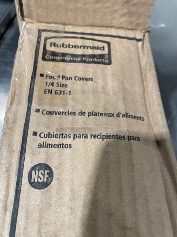 Rubbermaid Commercial Amber High Heat 1/4-Size Insert Pan Lid, Model FG214P86AMBR, in original packaging, NSF certified.