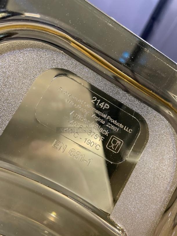 Rubbermaid Commercial Amber High Heat 1/4-Size Insert Pan, Model FG214P86AMBR, with handled-notched lid, new condition.