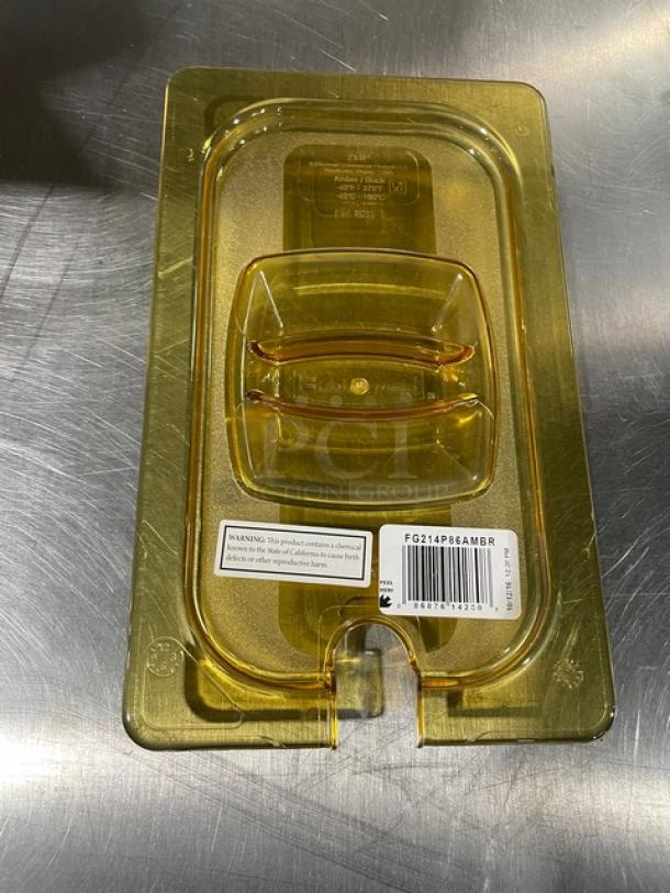 Rubbermaid Commercial amber 1/4-size insert pan lid, model FG214P86AMBR, new with handled-notched design and warning label.