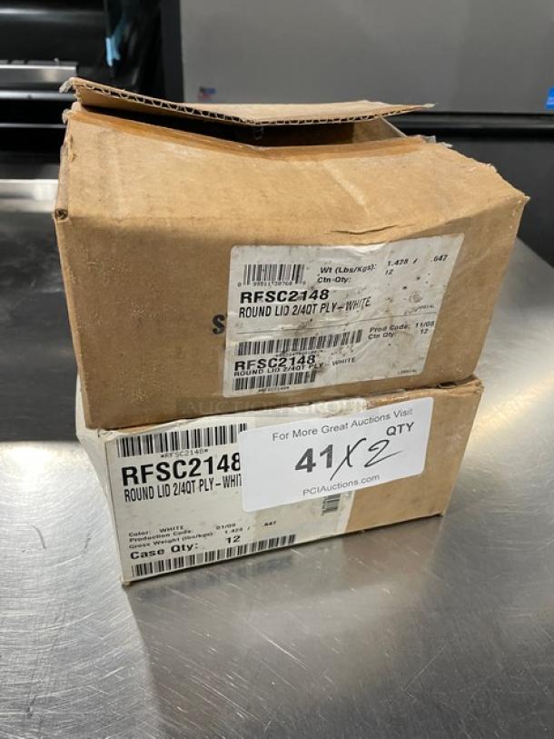 Cambro RFSC2148 polyethylene food container lids, new, 12 per case, boxes shown with label details and quantities.