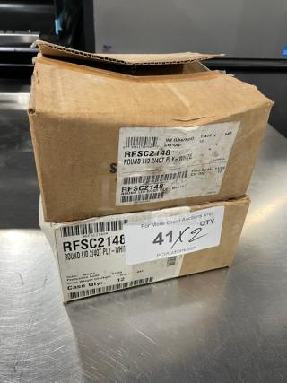 Cambro RFSC2148 polyethylene food container lids, new, 12 per case, boxes shown with label details and quantities.