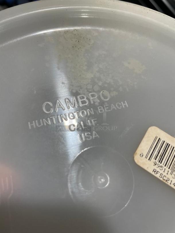 NEW Cambro RFSC2148 polyethylene lid, 2 & 4 Qt. round container, 12 per case. Embossed: Cambro, Huntington Beach, CA, USA.