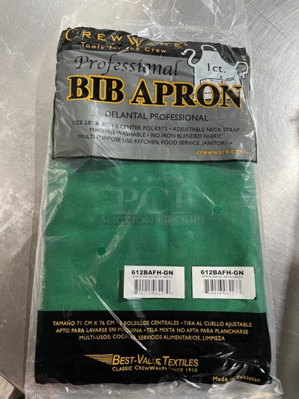 Crew Ware Professional Series green bib apron, model 612BAFH-GN, new in package. Features adjustable neck strap, 3 pockets.