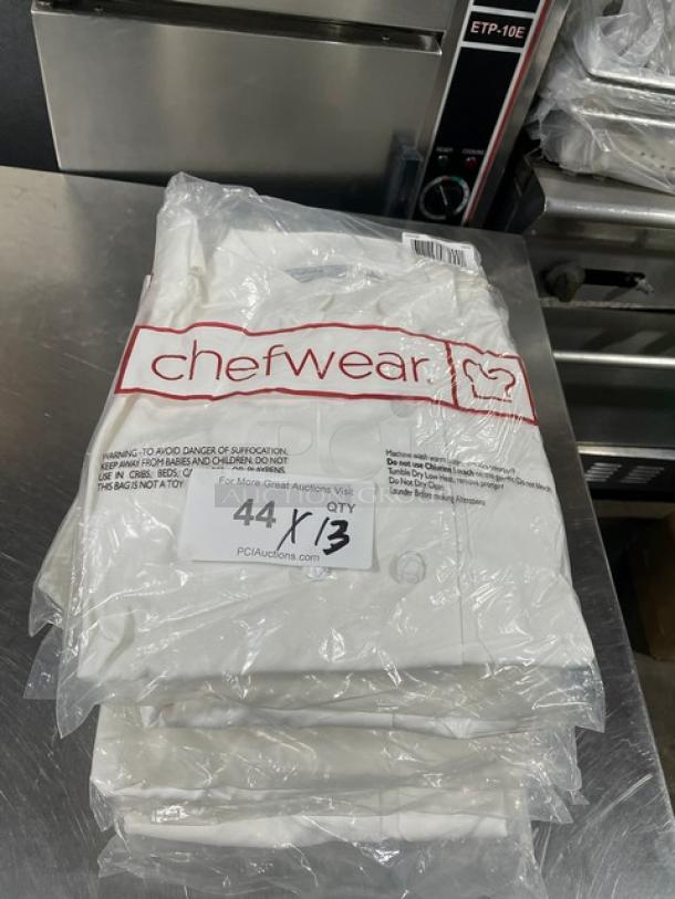 Chefwear white women's chef jacket, size L, model CW4430CW40, new in packaging, long sleeve, commercial use.
