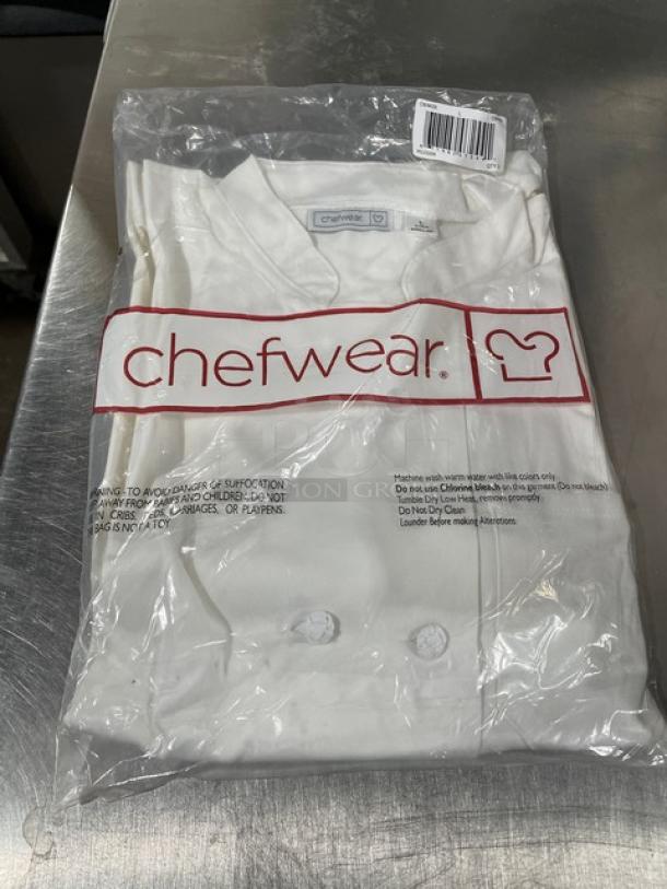 New Chefwear CW4430-CW40 white long sleeve women's chef jacket, size L, in original packaging, pristine condition.