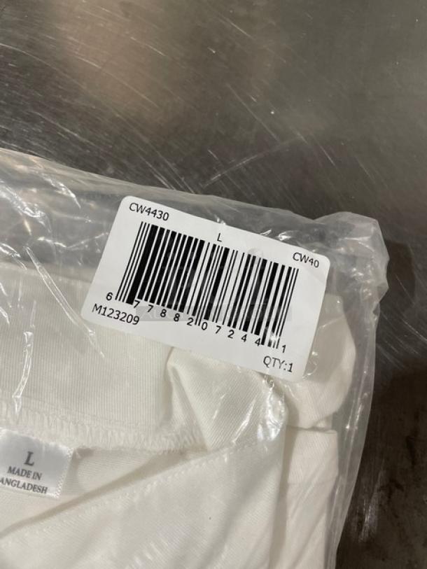 Chefwear CW4430CW40 women's L-size white chef jacket in packaging. New condition, long sleeve. Made in Bangladesh.