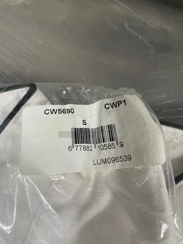 New Chefwear chef coat, white with black piping, size S, model CW5690-CWP1, in original packaging.