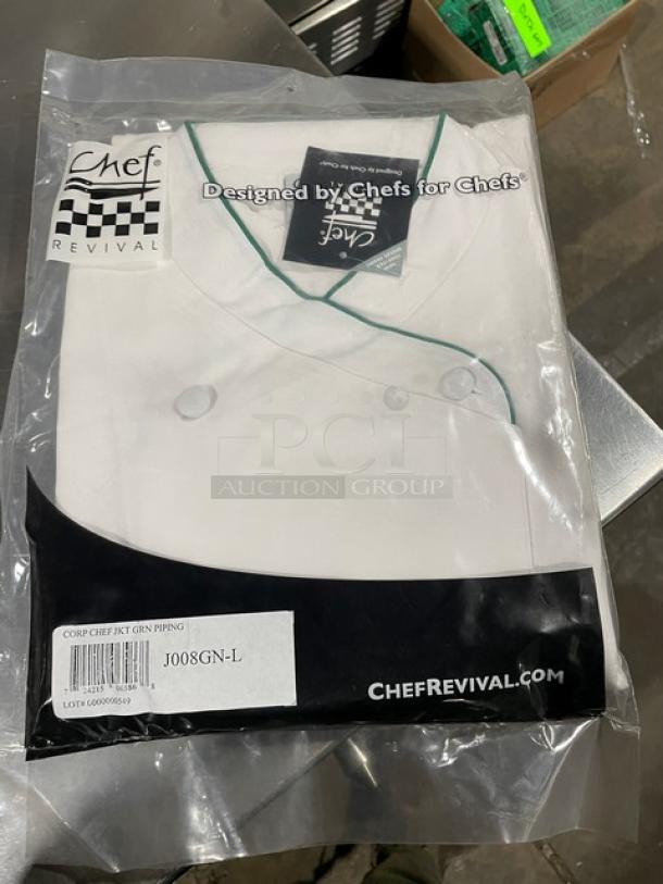 Chef Revival white chef coat, model J008GN-L, in original packaging. Features green piping and tag indicating size large.