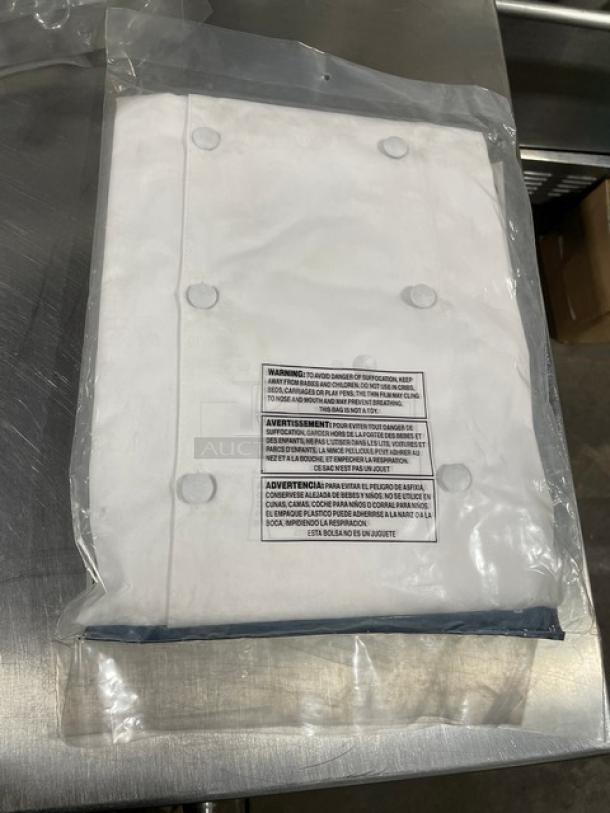 Chef Revival J008GNL chef coat, new in packaging, white with green piping. Size L. Features double-breasted design.