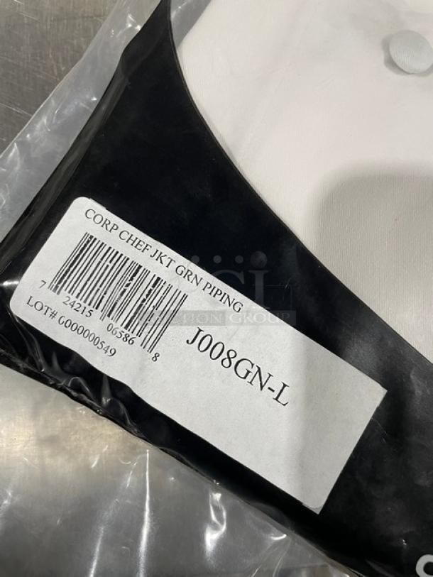 Chef Revival white chef coat with green piping, model J008GN-L, new in packaging. Corporate chef style, size L.