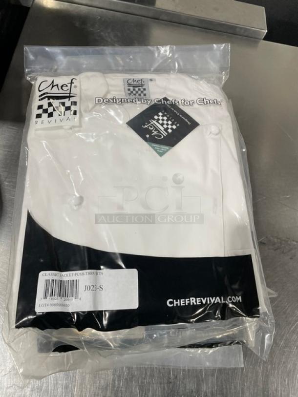 Chef Revival J023S white chef jacket, size S, in packaging. Features push-thru button. New condition with tags.