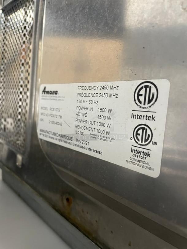 Amana RCS10TS commercial stainless steel microwave, digital controls, 2021 model, 120V, ETL certified.