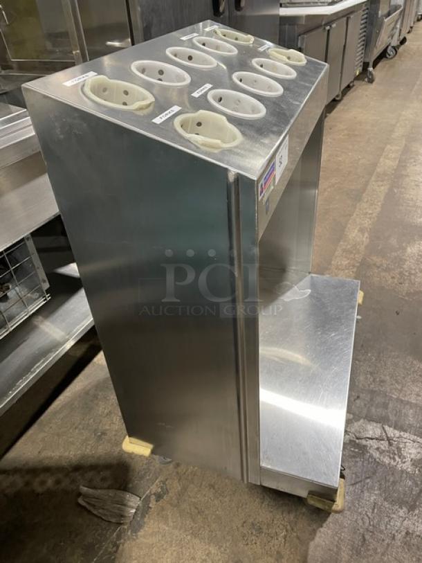 Atlas Metal TC-2-S stainless steel tray and silver cart, open style, on casters. Good condition with visible label.
