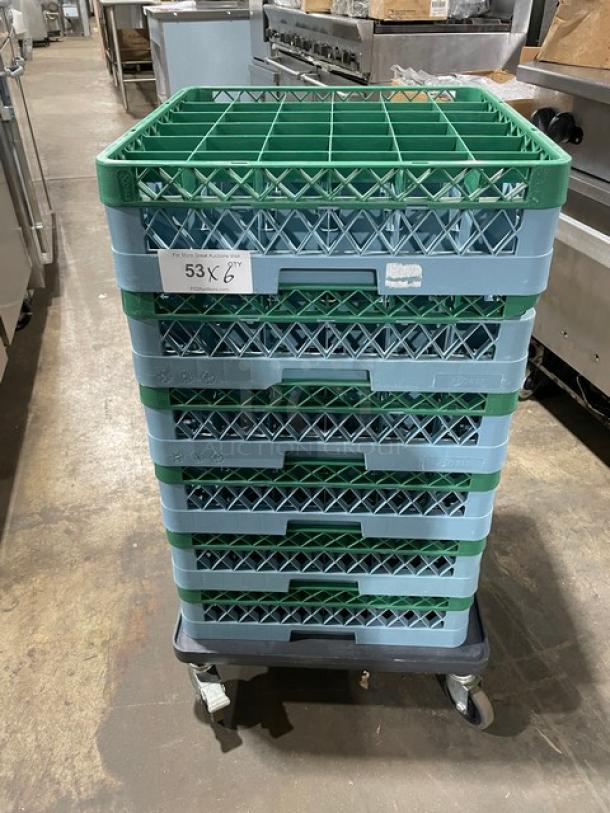 Noble commercial blue 36-compartment cup rack with green extender, equipped with a dish dolly on casters; tag reads "53X6".