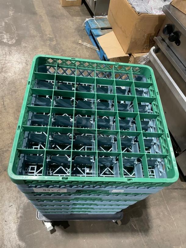 Noble Commercial Blue cup rack with green extender, 36 compartments, includes dish dolly on casters, excellent condition.