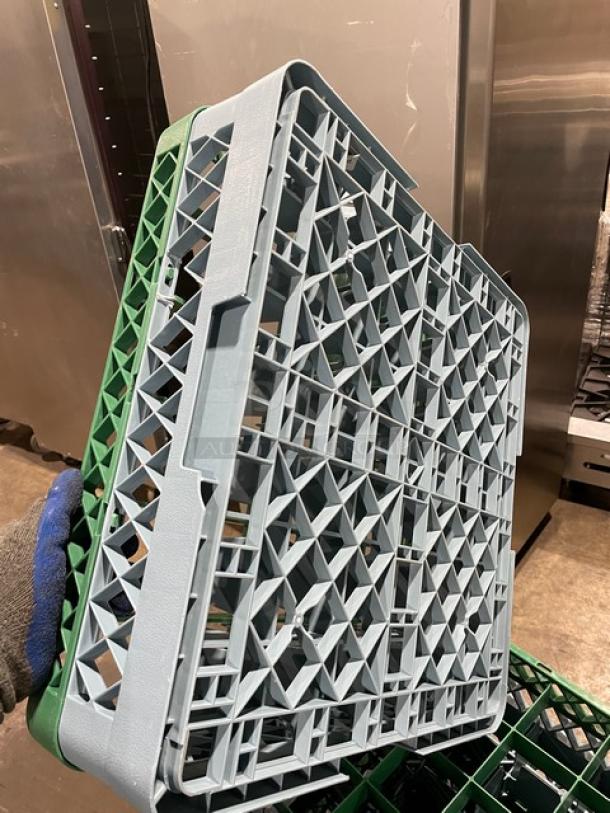Noble Commercial Blue 36-compartment cup rack with green extender. Includes dish dolly on casters. Gently used condition.